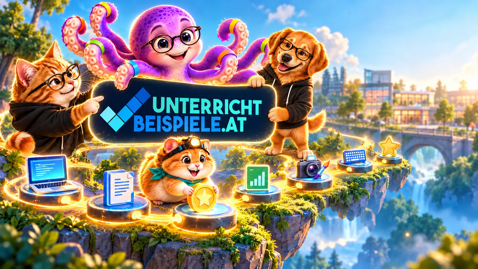 Bit, Byte, Kiki und Tentakolus präsentieren unterricht-beispiele.at auf einem leuchtenden Lernpfad